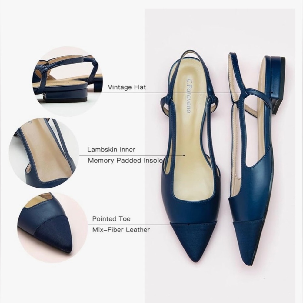 C.Paravano Women's Pointed Toe Slingback Flats | Comfort Heeled Sandals 11 - Picture 4 of 11
